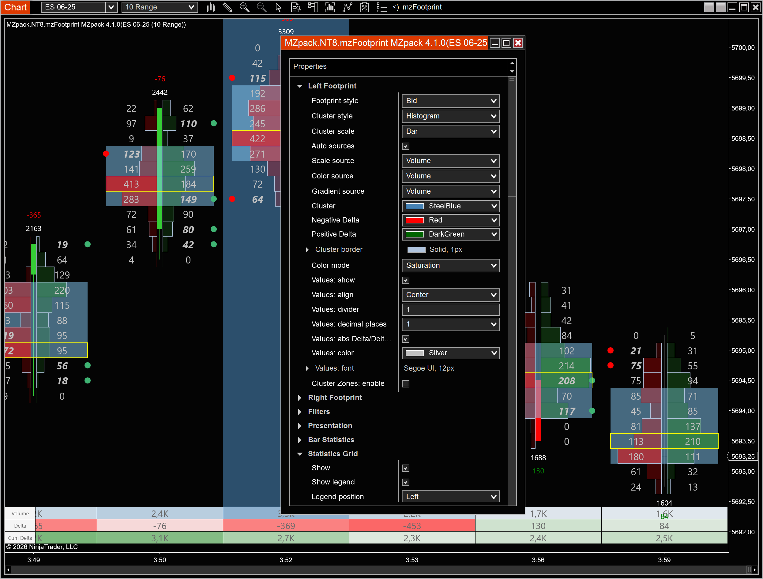 mzFootprint settings panel with categories